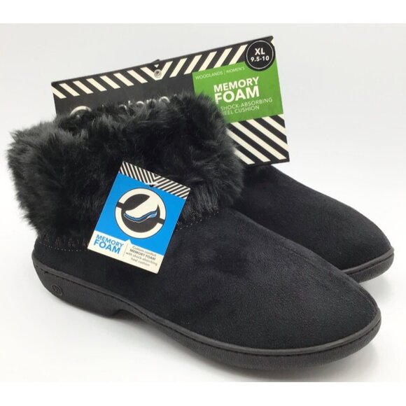 Isotoner Woodlands Slippers Womens 9.5-10 XL Black Fur Lined Memory Foam Booties - Picture 1 of 10
